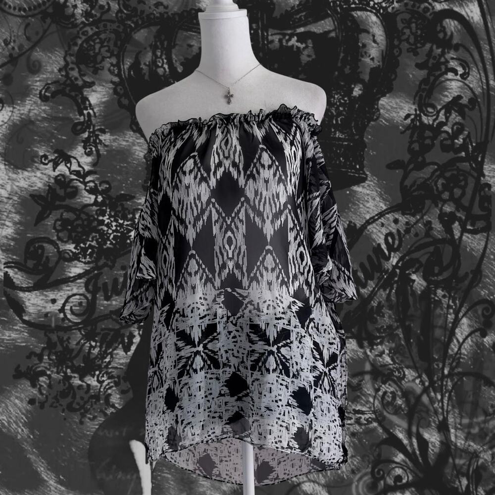 black and white abstract ikat geometric boho grunge whimsical sheer blouse